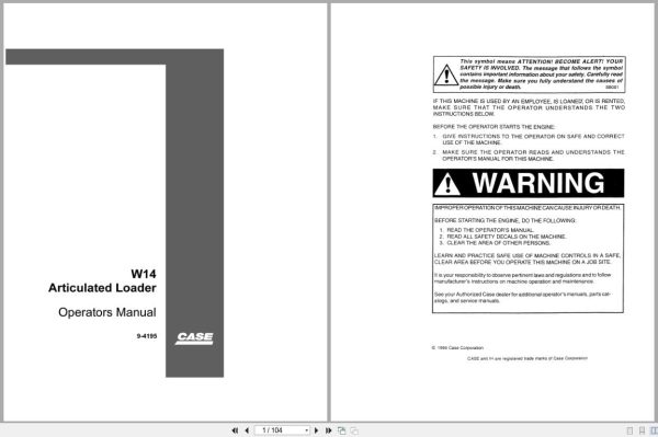 Case Articulated Loader W14 Operators Manual 9 4195 (1)