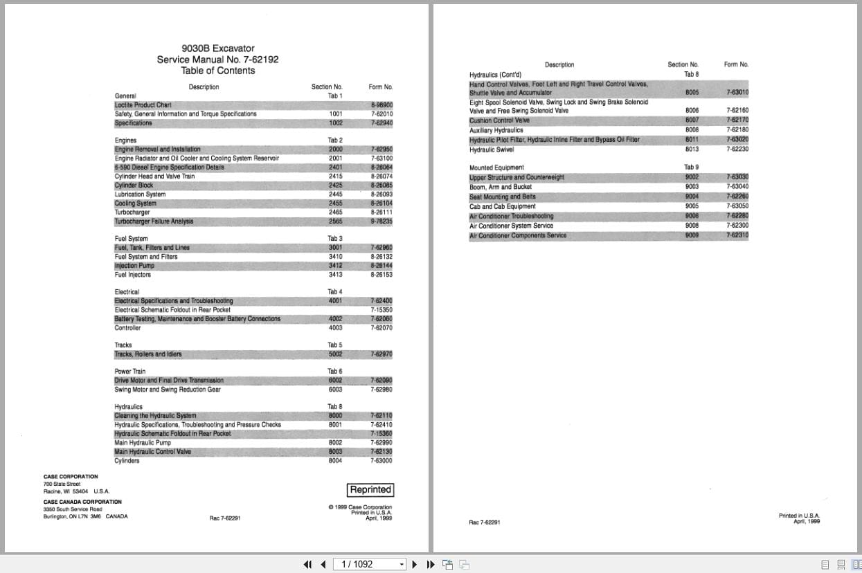 Case Excavator 9030B Service Manual 7 62192 (1)