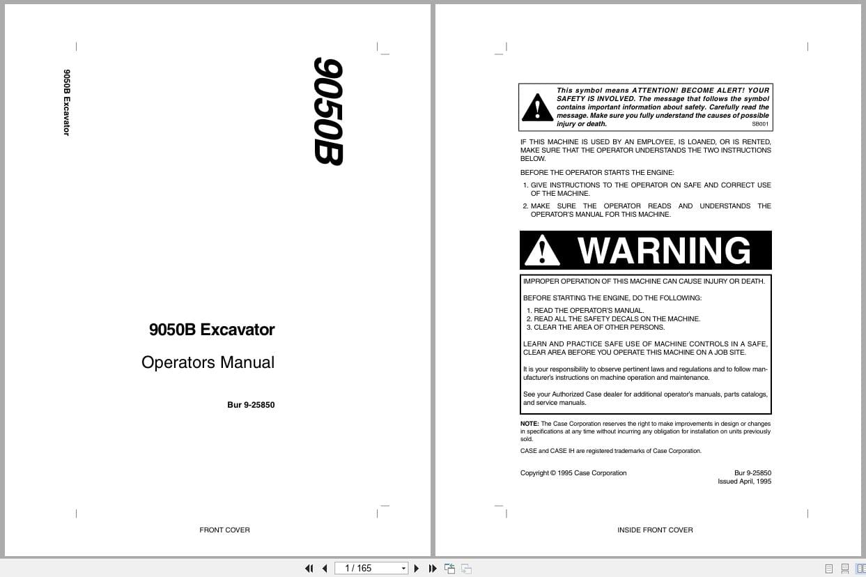Case Excavator 9050B Operators Manual 9 25850 (1)