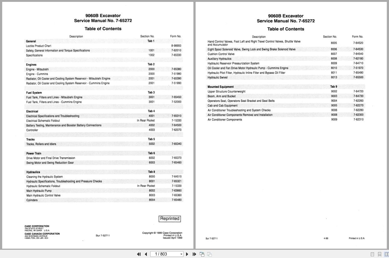 Case Excavator 9060B Service Manual 7 65272 (1)