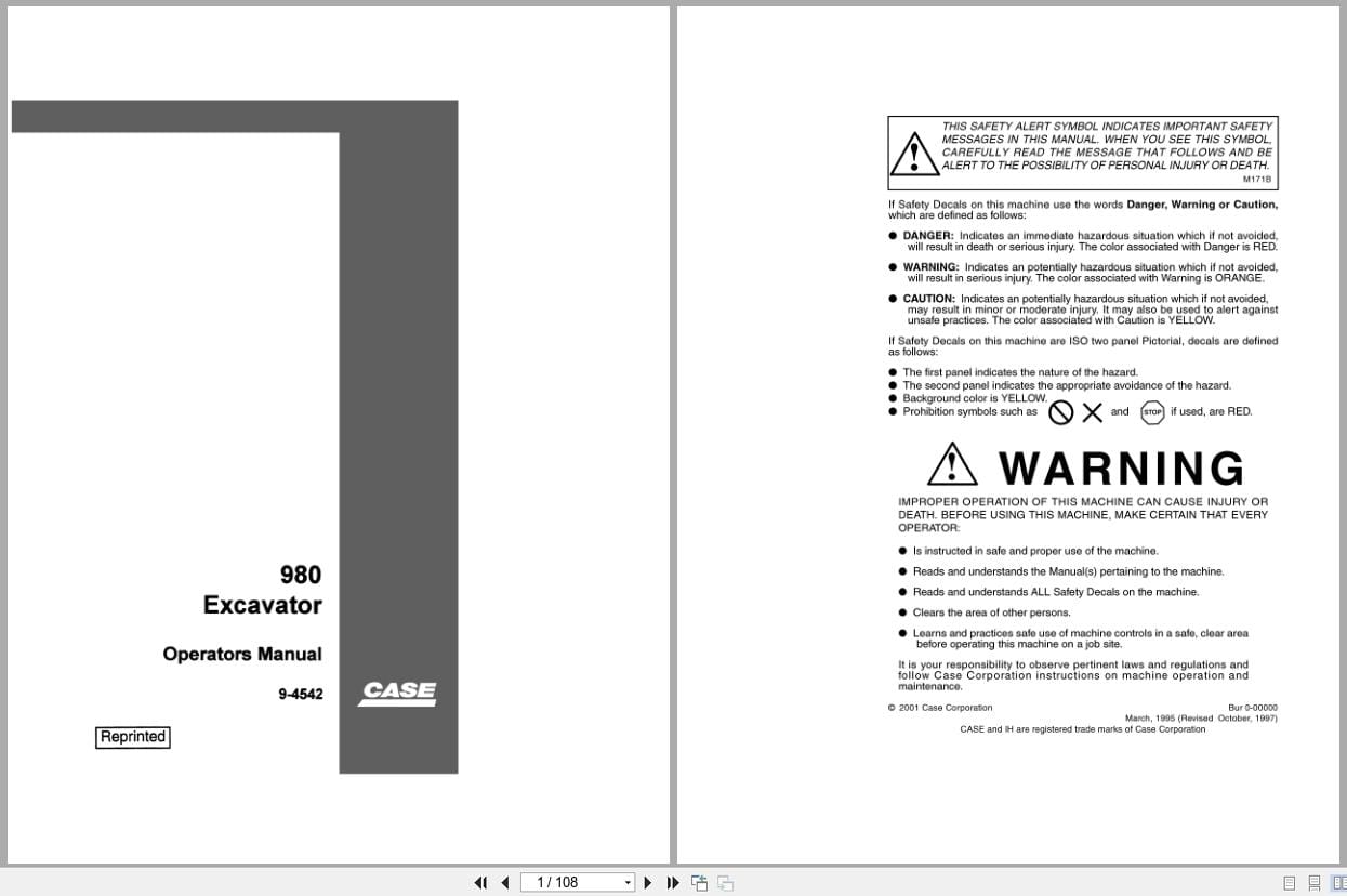 Case Excavator 980 Operators Manual 9 4542 (1)