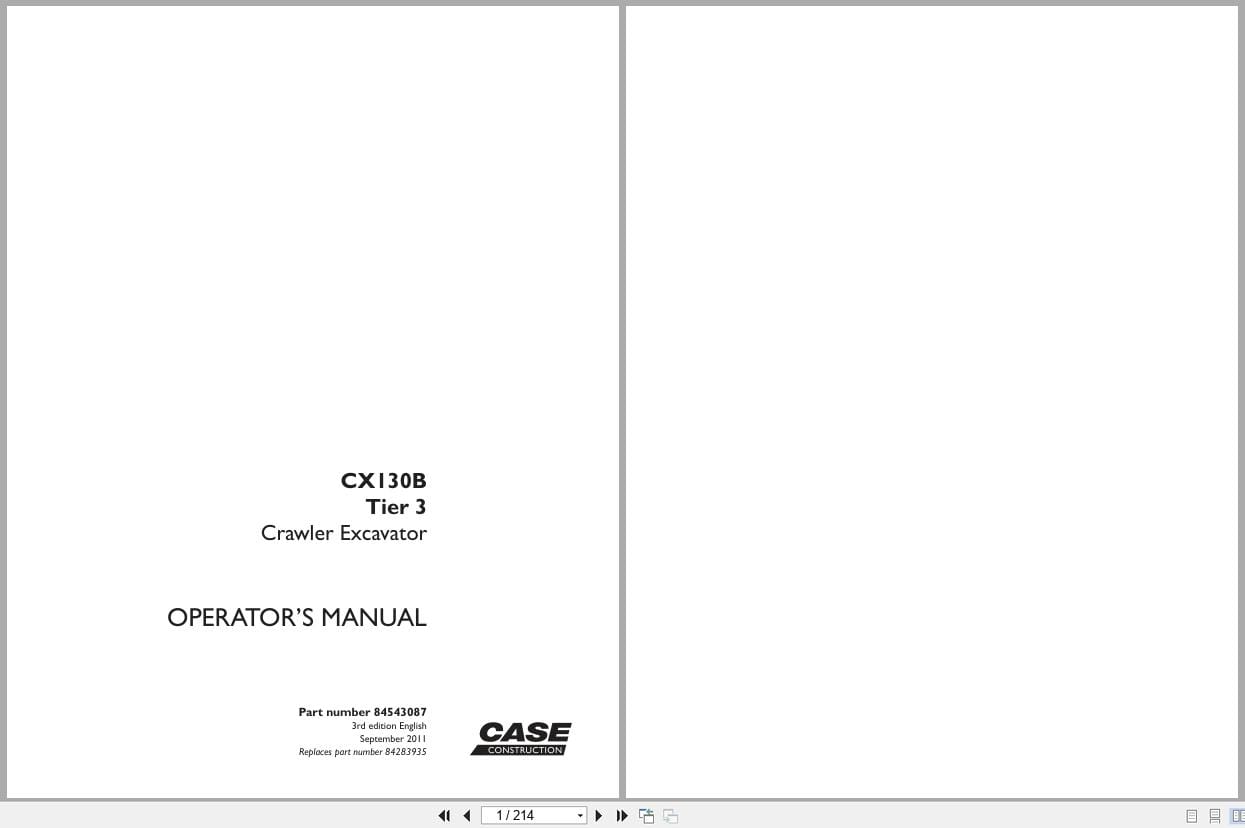 Case Excavator CX130B Tier 3 Operators Manual 84543087 (1)