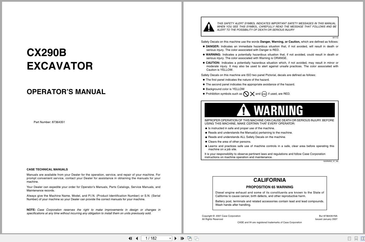 Case Excavator CX290B Operators Manual 87364351 (1)
