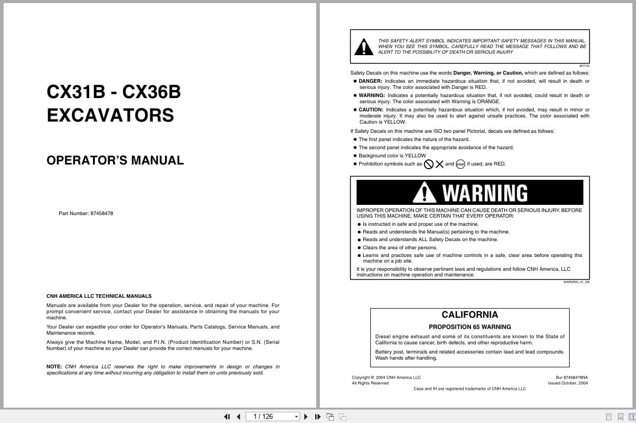 Case Excavator CX31B CX36B Operators Manual 87458478 (1)