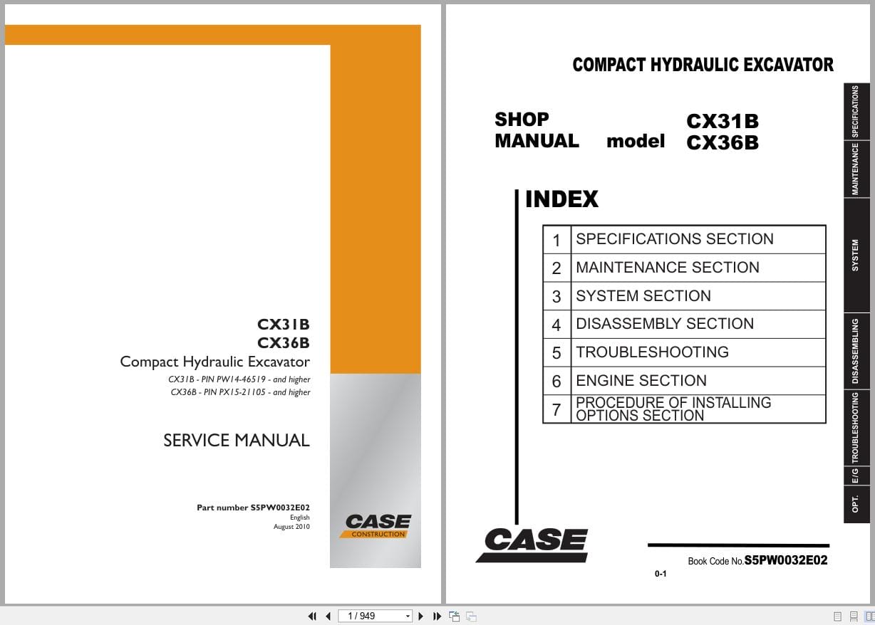 Case Excavator CX31B CX36B Service Manual S5PW0032E02 (1)