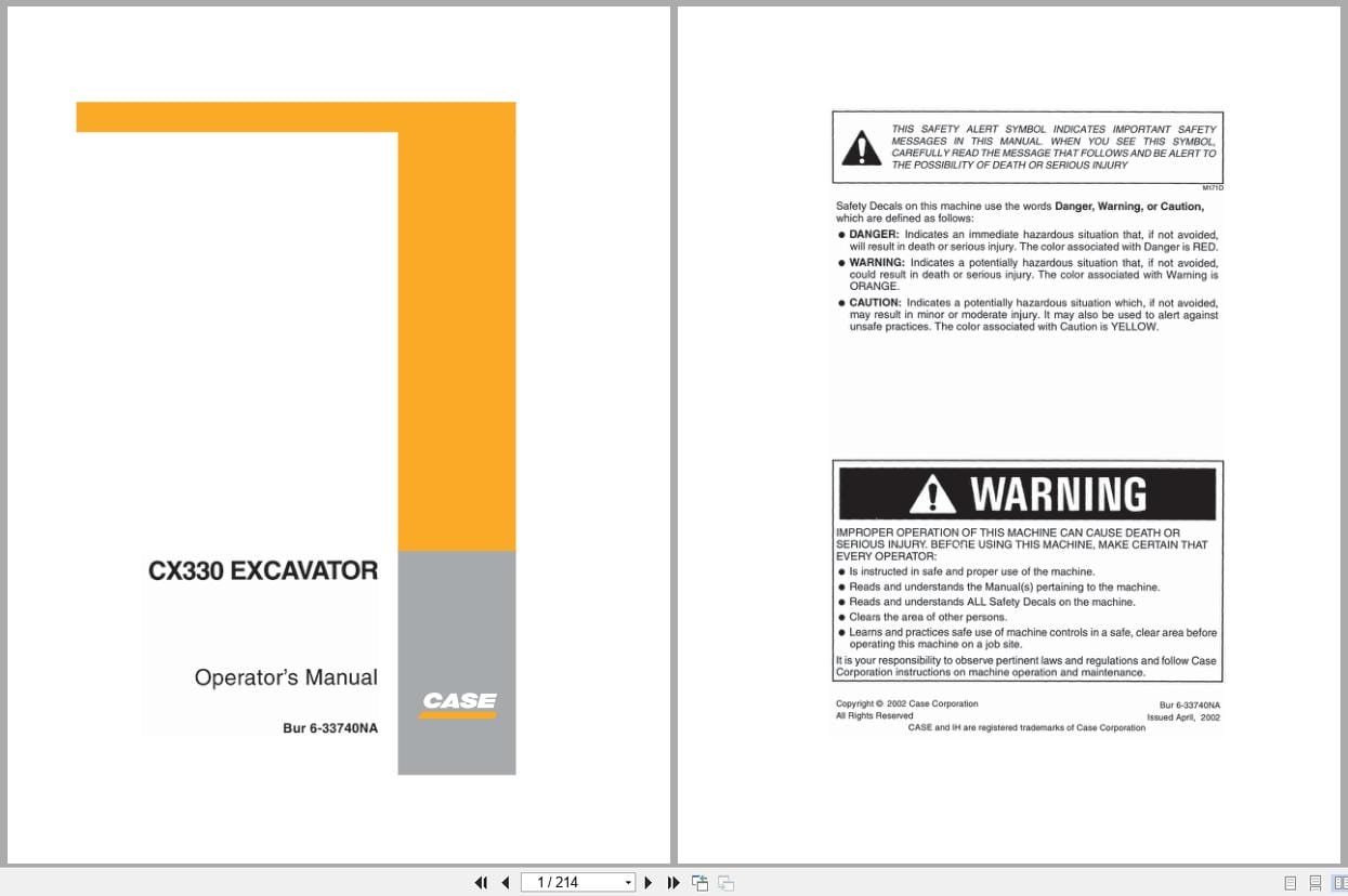 Case Excavator CX330 Operators Manual 6 33740NA (1)