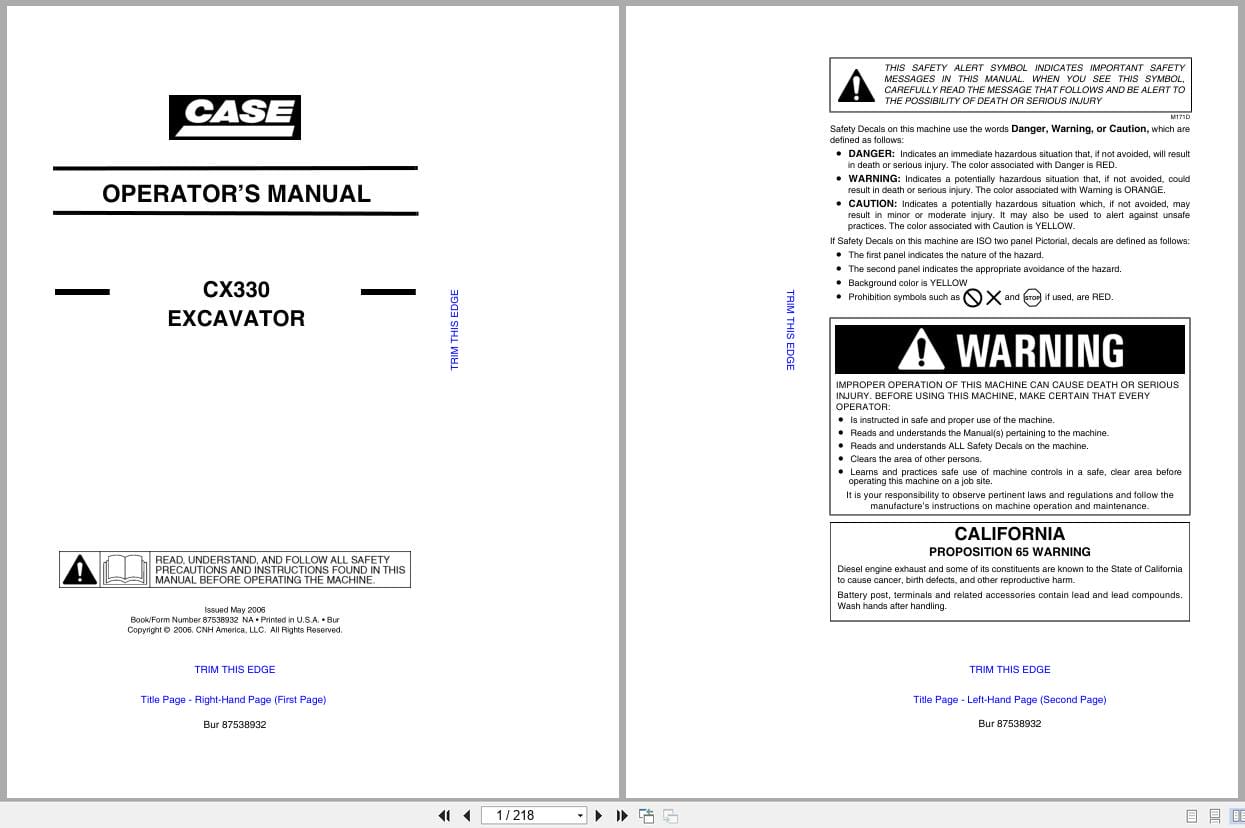 Case Excavator CX330 Operators Manual 87538932 (1)