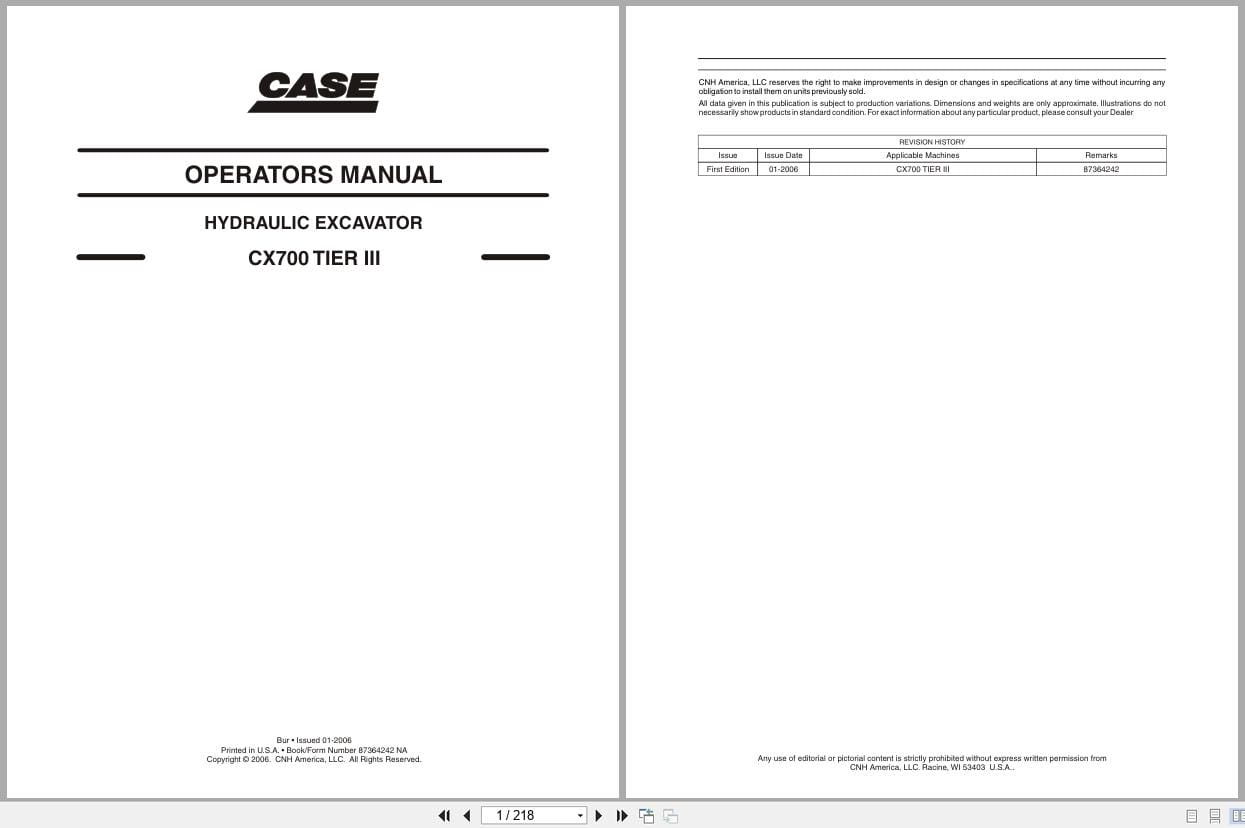 Case Excavator CX700 Tier III Operators Manual 87364242NA (1)