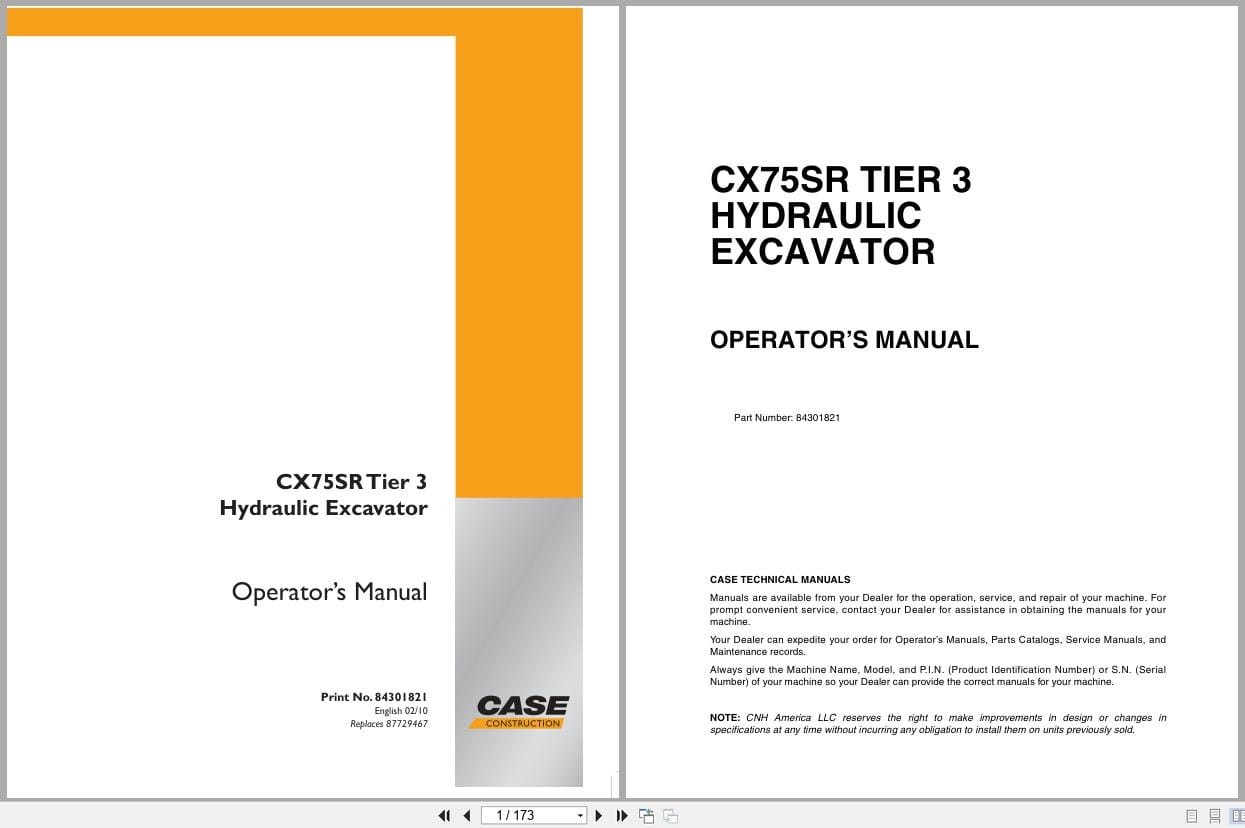 Case Excavator CX75SR Operators Manual 84301821 (1)