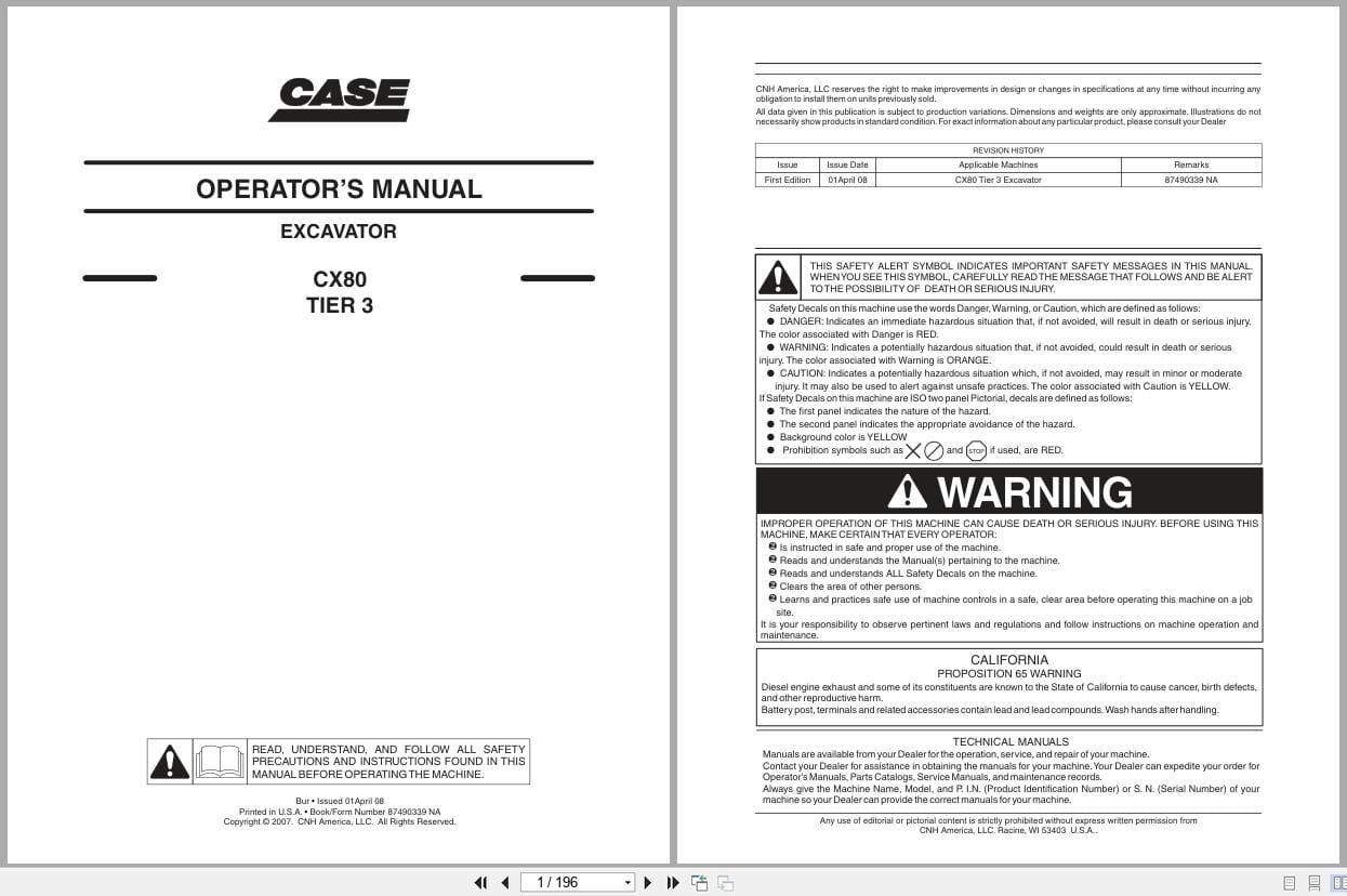 Case Excavator CX80 Tier 3 Operators Manual 87490339NA (1)