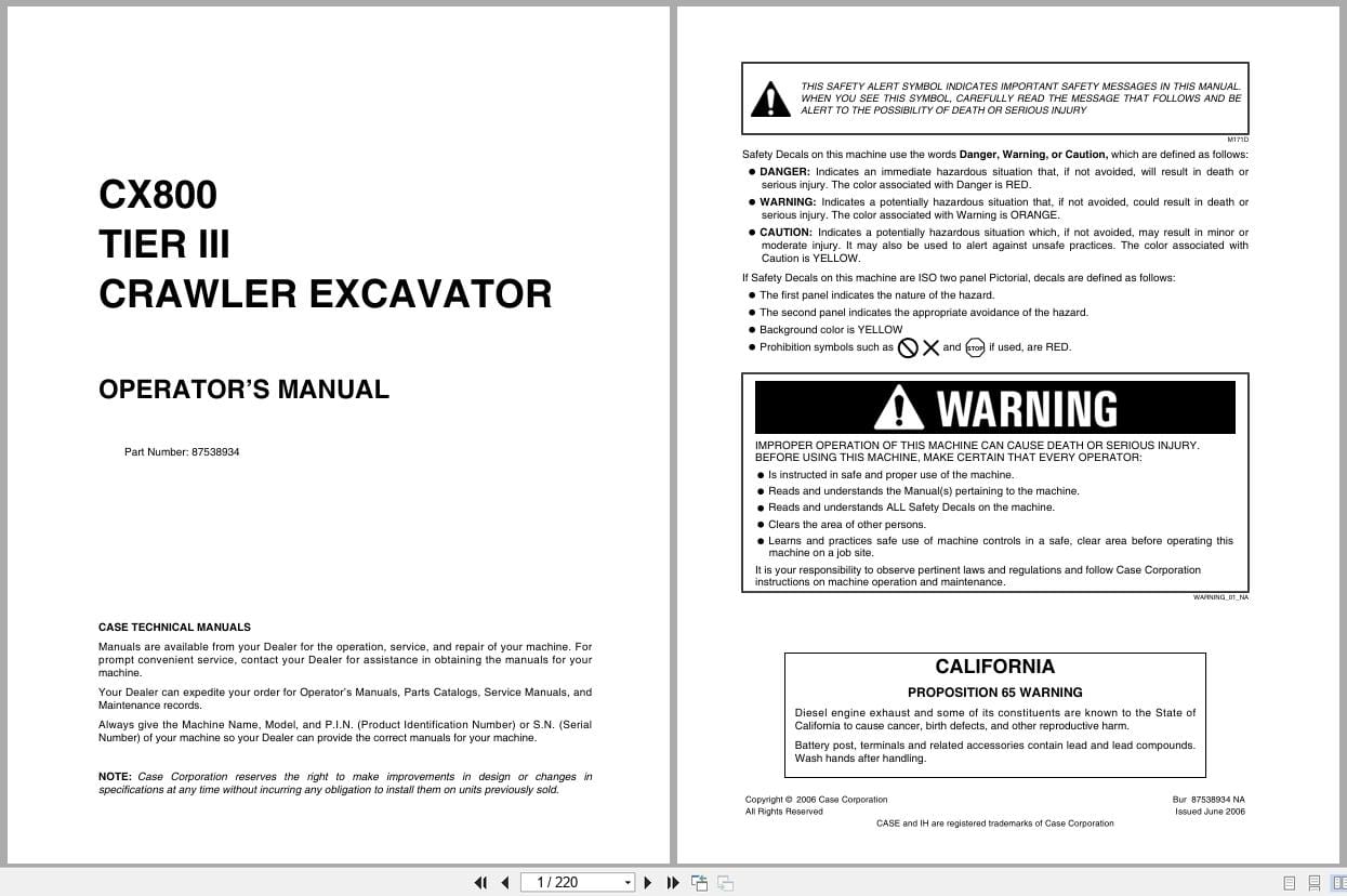 Case Excavator CX800B Tier 3 Operators Manual 87538934 (1)