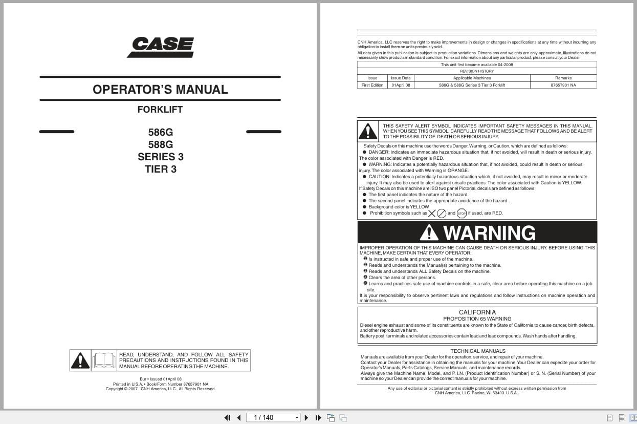 Case Forklift 586G 588G Series 3 Tier 3 Operators Manual 87657901NA (1)
