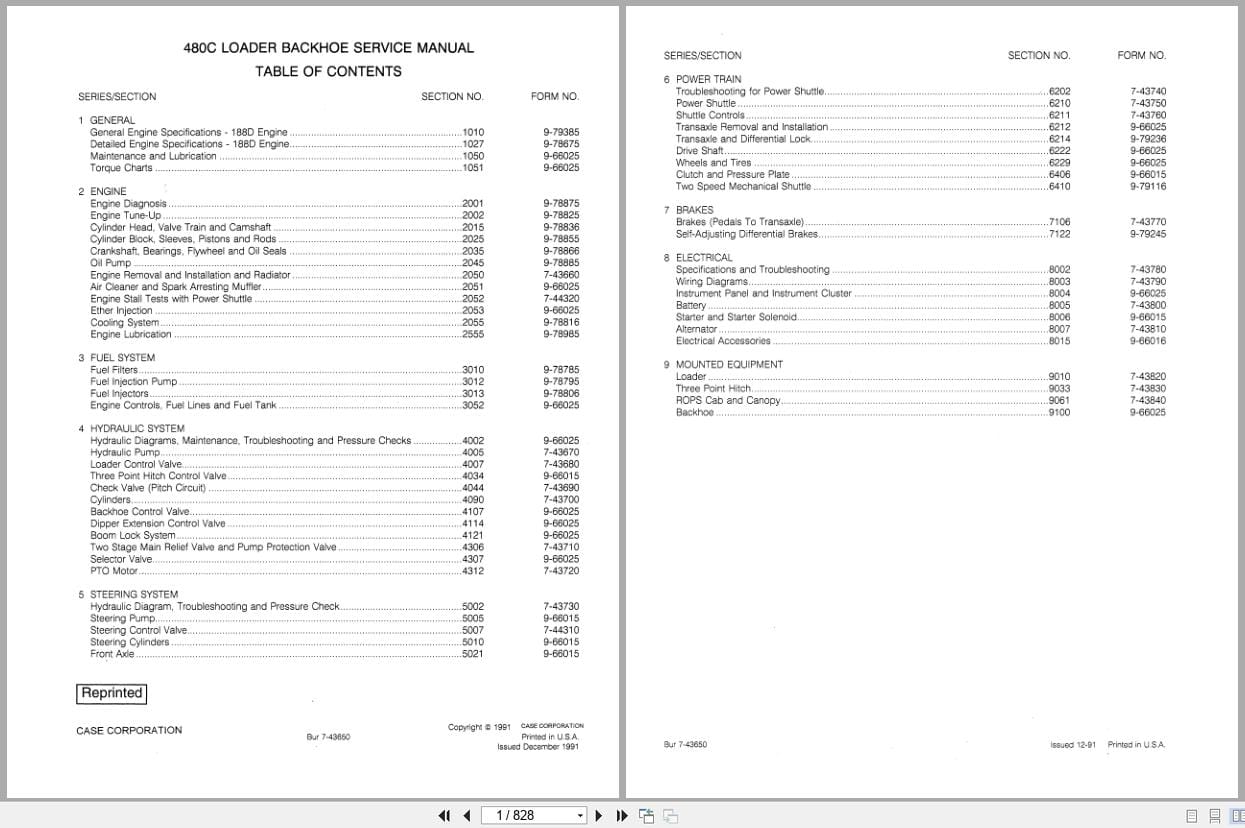 Case Loader Backhoe 480C Service Manual 9 66025 (1)