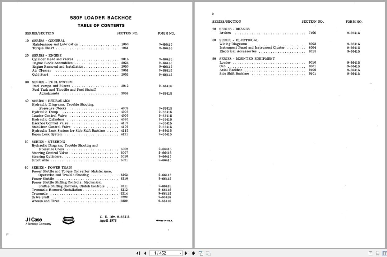 Case Loader Backhoe 580F Service Manual 9 66415 (1)