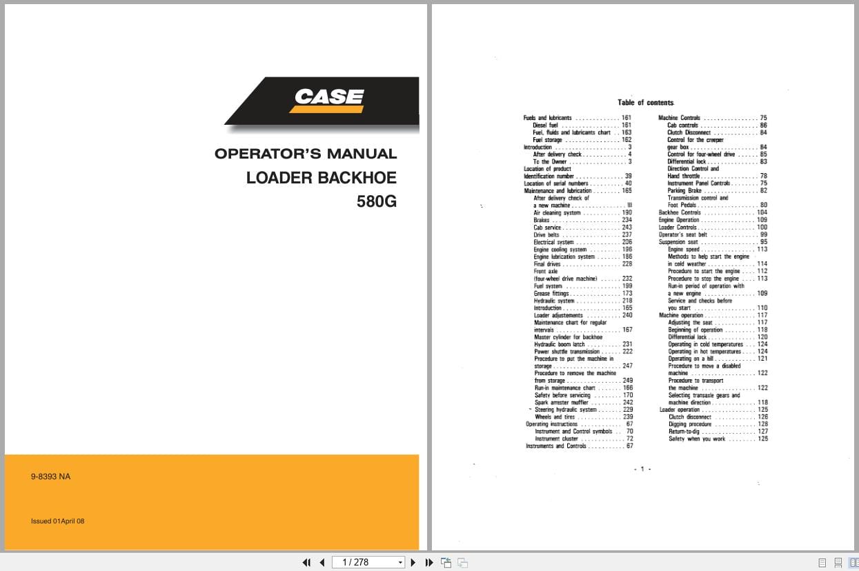 Case Loader Backhoe 580G Operators Manual 9 8393NA (1)