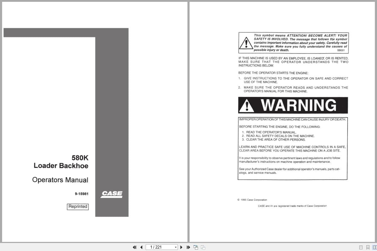 Case Loader Backhoe 580K Operators Manual 9 15981 (1)