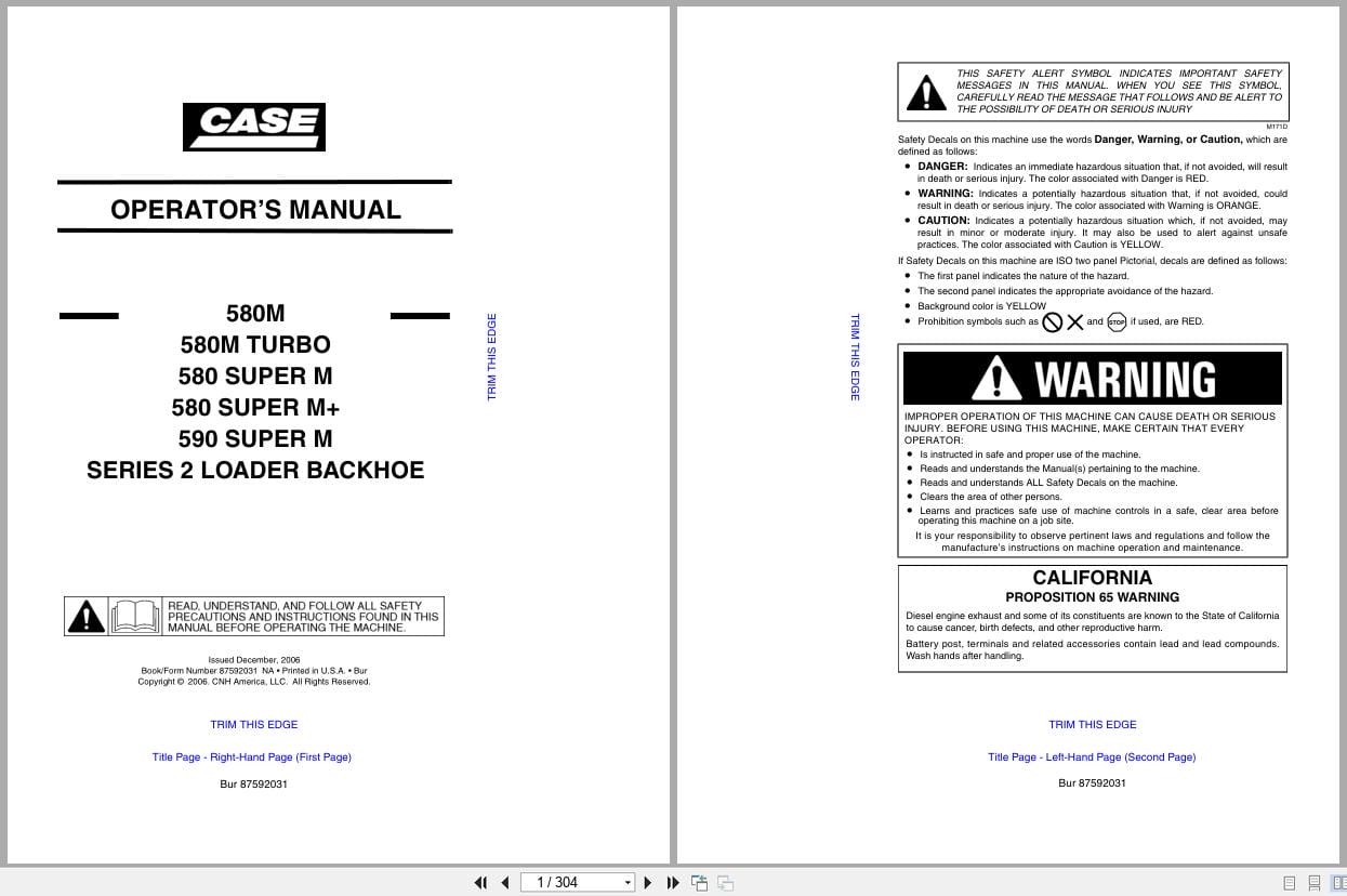 Case Loader Backhoe Series 2 580M to 590 Super M Operators Manual 87592031 (1)