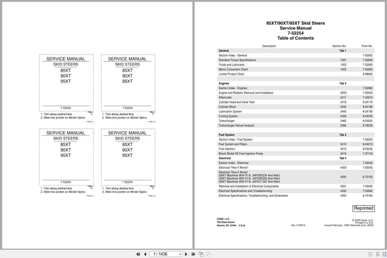 Case Skid Steer Loader 85XT 90XT 95XT Service Manual 7 52254 (1)