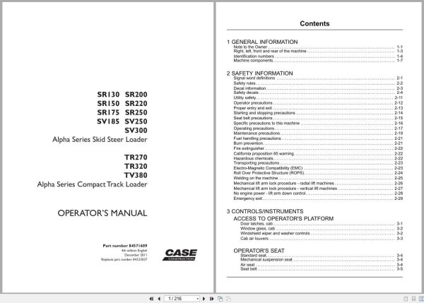 Case Skid Steer Loader Sr130 To Tv380 Operators Manual 84571609 (1)