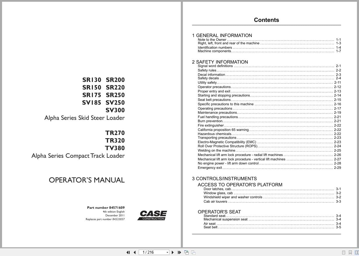 Case Skid Steer Loader SR130 to TV380 Operators Manual 84571609 (1)