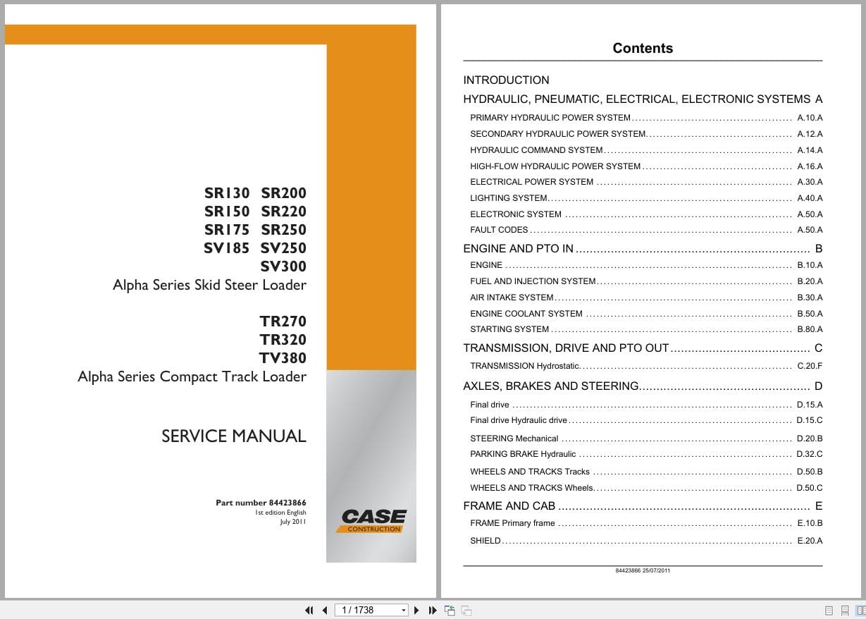 Case Skid Steer Loader SR130 to TV380 Service Manual 84423866 (1)