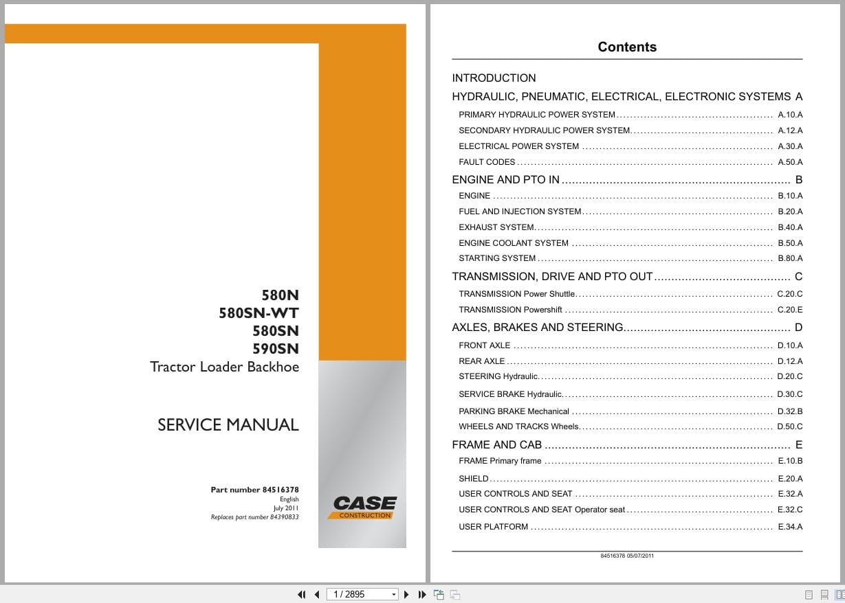 Case Tractor Loader Backhoe 580N 580SN WT 580SN 590SN Service Manual 84516378 (1)