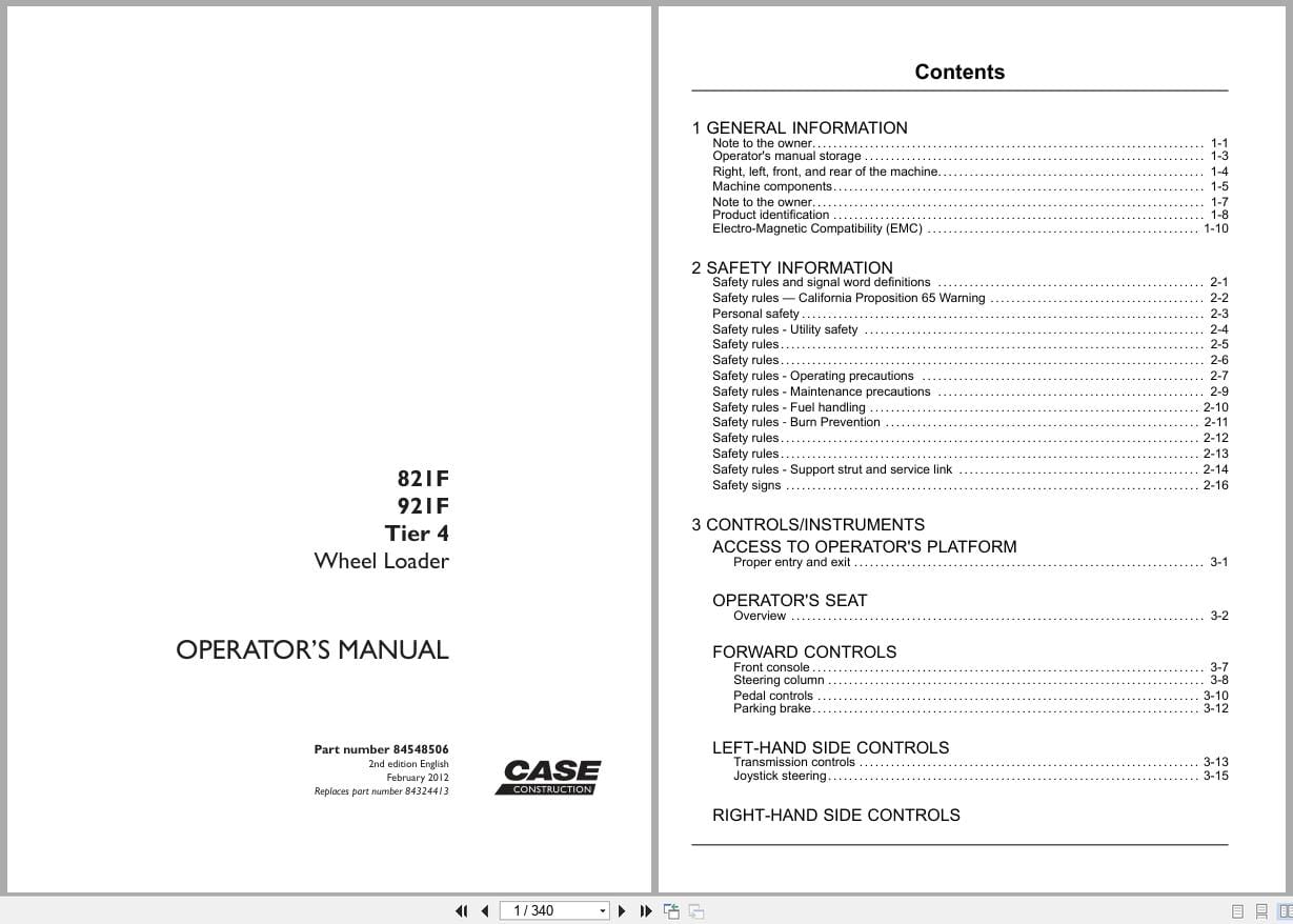 Case Wheel Loader 821F 921F Tier 4 Operators Manual 84548506 (1)