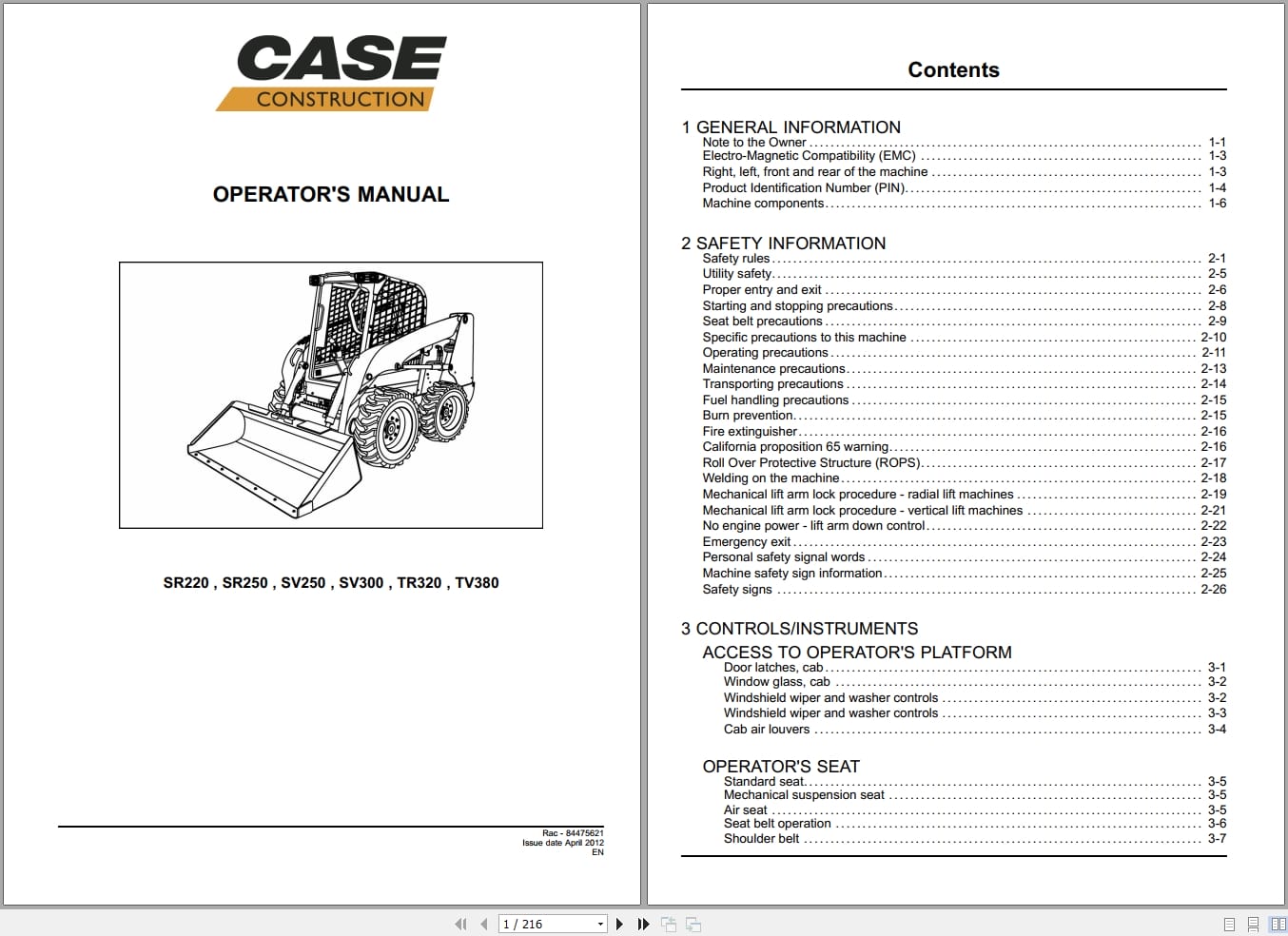 Case Wheel Loader SR220 to TV380 Operators Manual RAC84475621 (1)