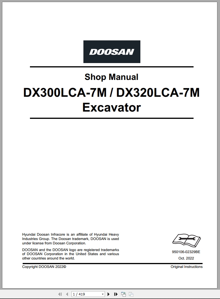 Doosan Excavator DX300LCA 7M DX320LCA 7M Shop Manual 950106 02329BE 2022 (1)