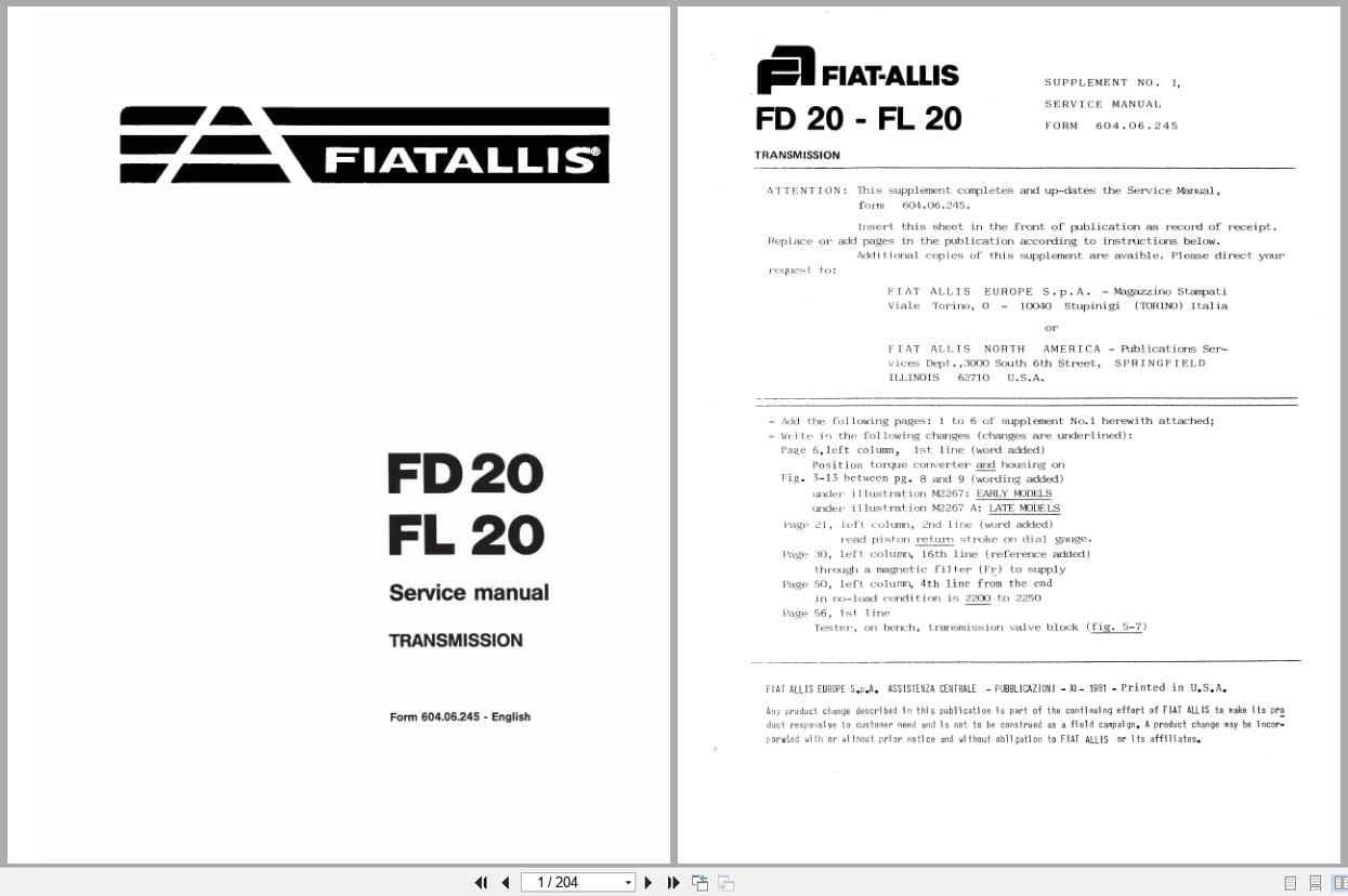Fiat Allis Crawler Loader FD20 FL20 Transmission Service Manual 73155280 (1)