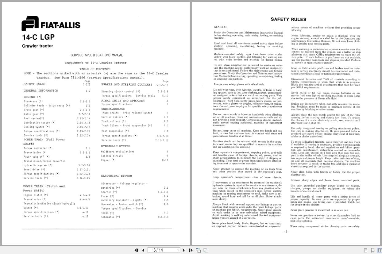 Fiat Allis Crawler Tractor 14 C LGP Service Specification Manual 60406188 (2)