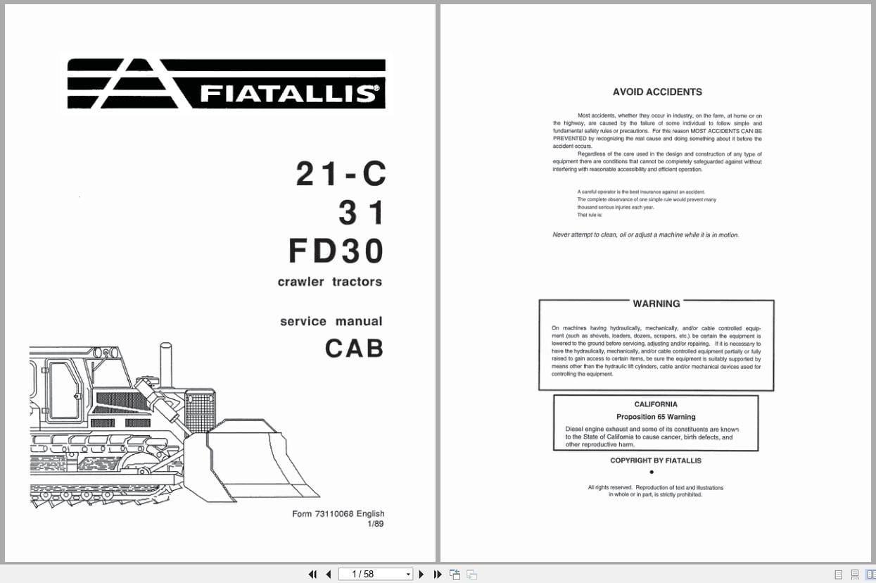 Fiat Allis Crawler Tractor 21 C 31 FD30 Cab Service Manual 73110068 (1)
