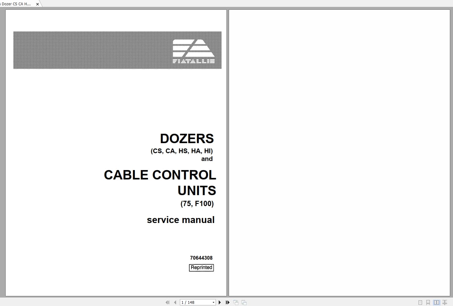 Fiat Allis Dozer CS CA HS HA HI Cable Control Units 75 F100 Service Manual 70644308 (1)