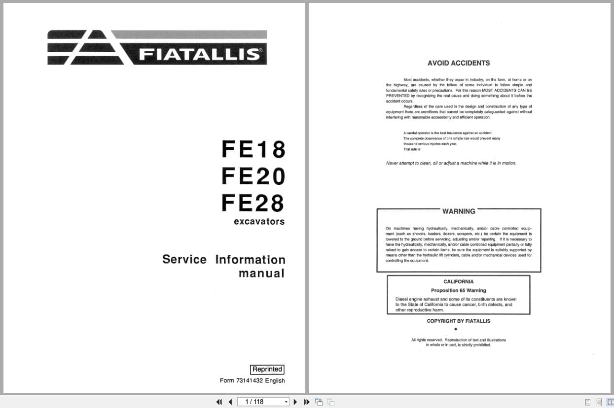 Fiat Allis Excavator FE18 FE20 FE28 Service Manual 73141432 (1)