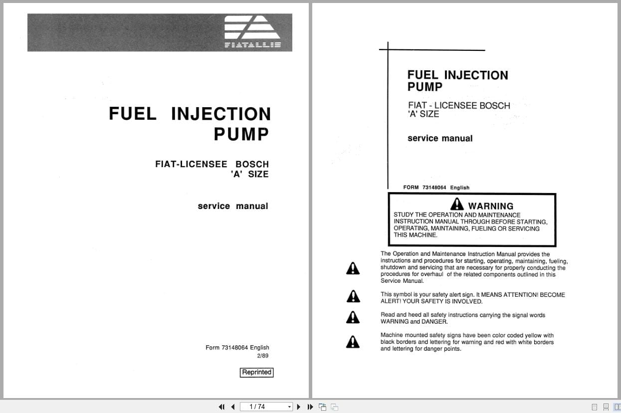 Fiat Allis Fuel Injection Pump Bosch A Size Service Manual 73148064 (1)