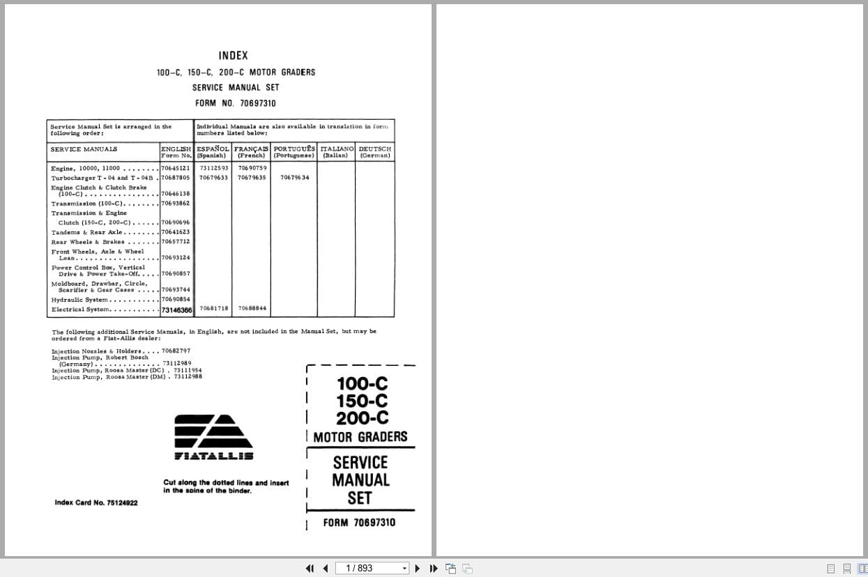 Fiat Allis Motor Grader 100 C 150 C 200 C Service Manual 70697310 (1)