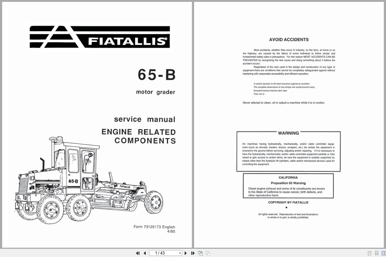 Fiat Allis Motor Grader 65 B Engine Realted Components Service Manual 73125173 (1)