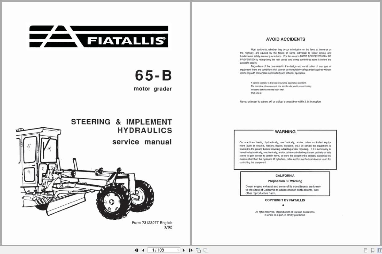 Fiat Allis Motor Grader 65 B Steering Implement Hydraulics Service Manual 73123077 (1)