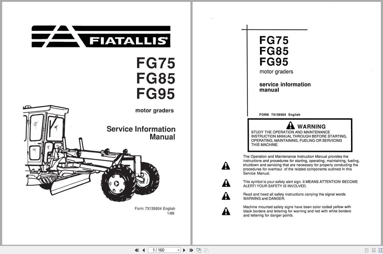 Fiat Allis Motor Grader FG75 FG85 FG95 Service Information Manual 73139904 (1)
