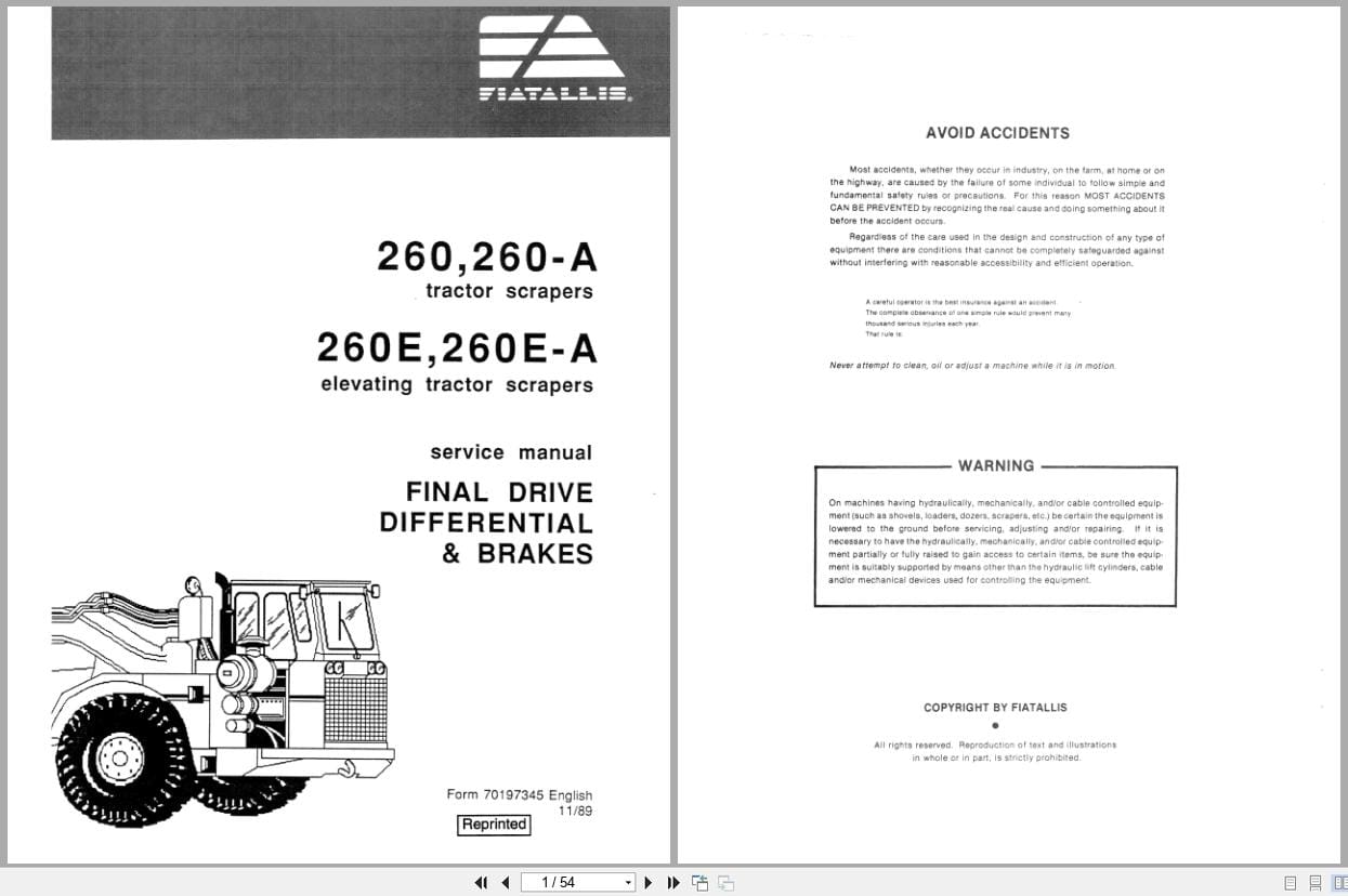 Fiat Allis Tractor 260 to 260E A Final Drive Differential Brakes Service Manual 70197345 (1)