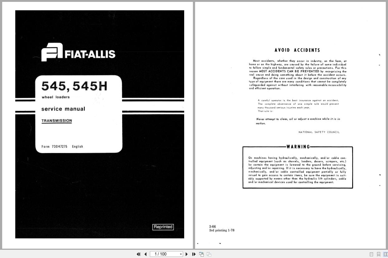 Fiat Allis Wheel Loader 545 545H Transmission Service Manual 73047275 (1)