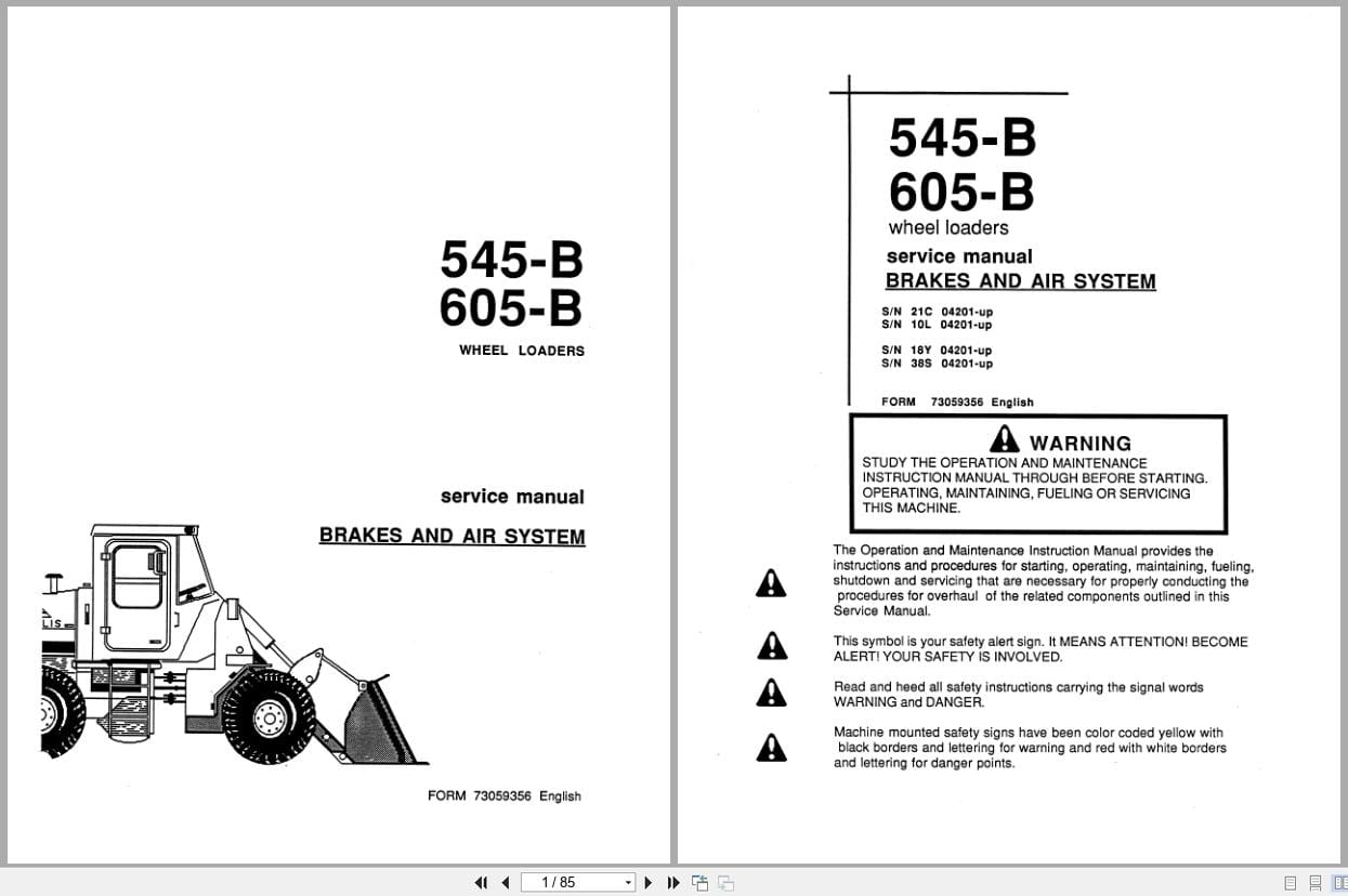 Fiat Allis Wheel Loader 545 B 605 B Brakes and Air System Service Manual 73059356 (1)