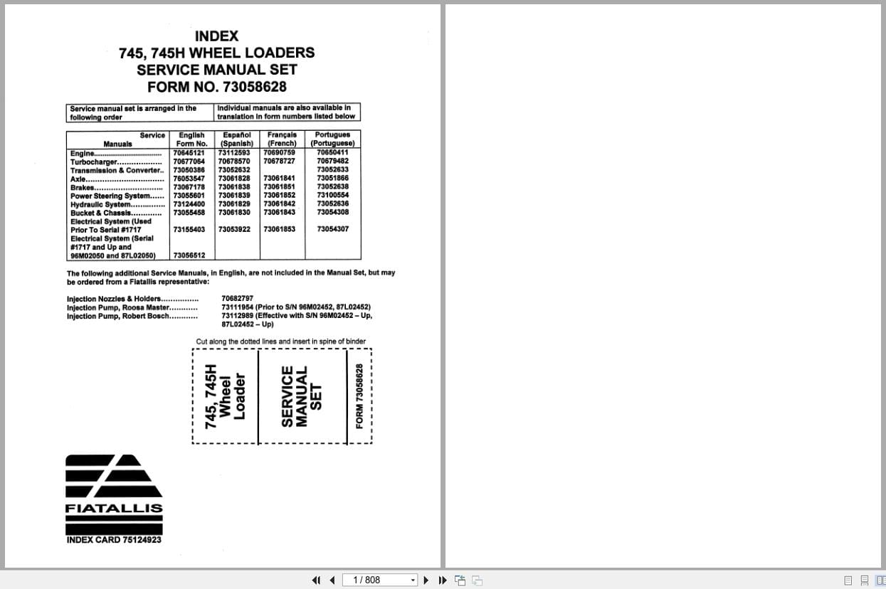 Fiat Allis Wheel Loader 745 745H Service Manual 73058628 (1)