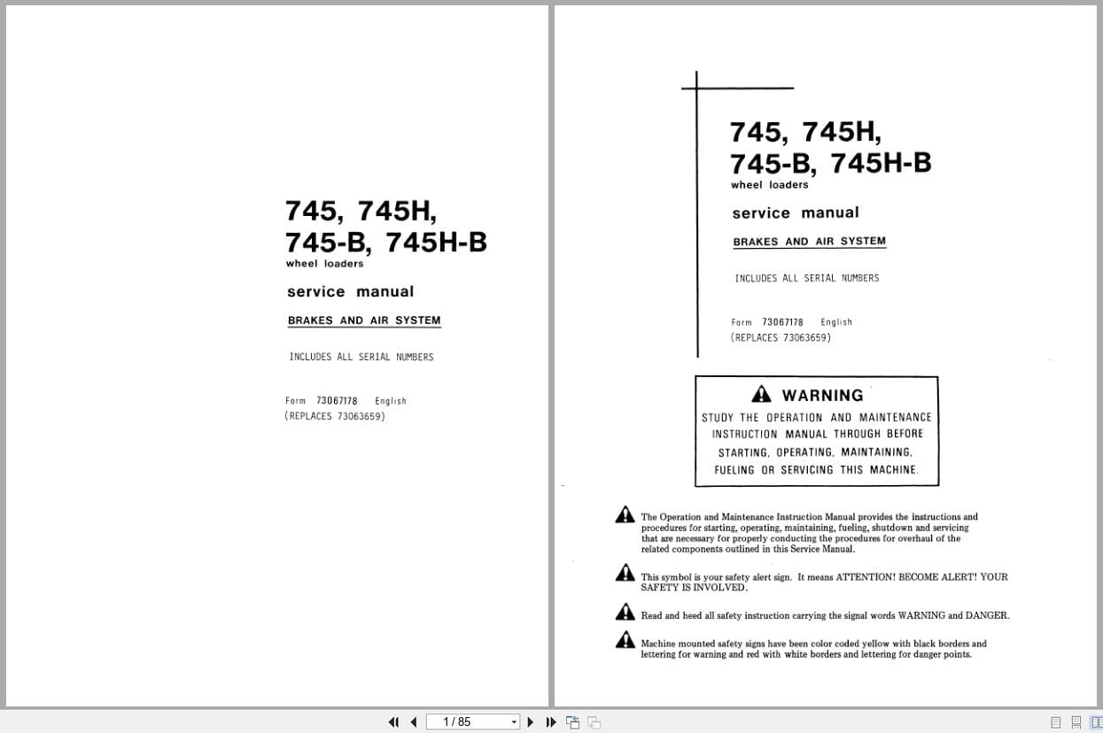 Fiat Allis Wheel Loader 745 to 745H B Brakes and Air System Service Manual 73067178 (1)