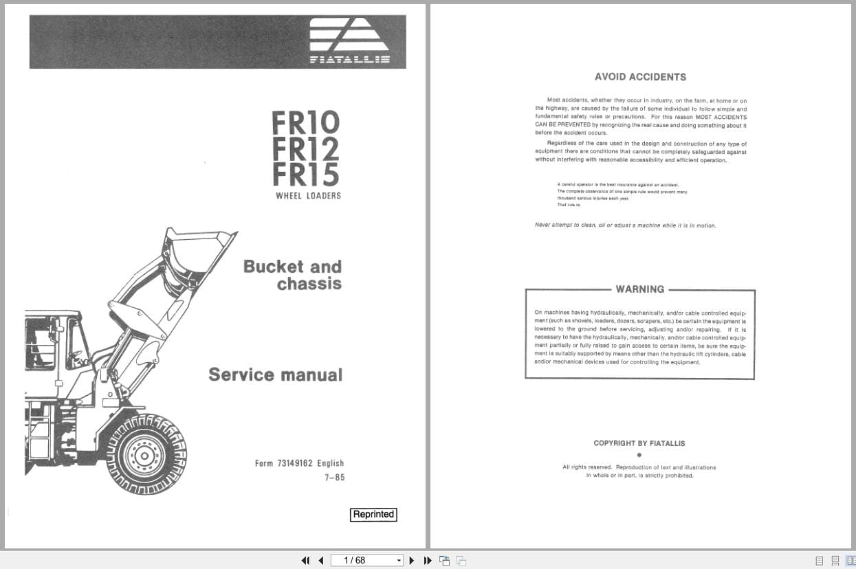 Fiat Allis Wheel Loader FR10 FR12 F15 Bucket and Chassis Service Manual 73149162 (1)