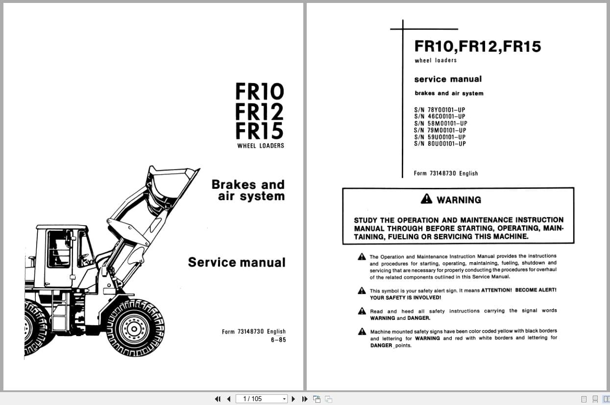 Fiat Allis Wheel Loader FR10 FR12 FR15 Brakes and Air System Service Manual 73148730 (1)