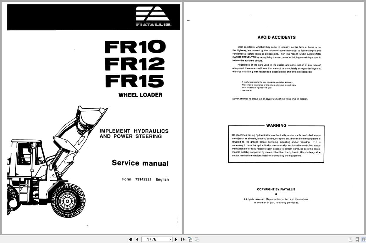 Fiat Allis Wheel Loader FR10 FR12 FR15 Implement Hydraulic Power Steering Service Manual 73142921 (1)