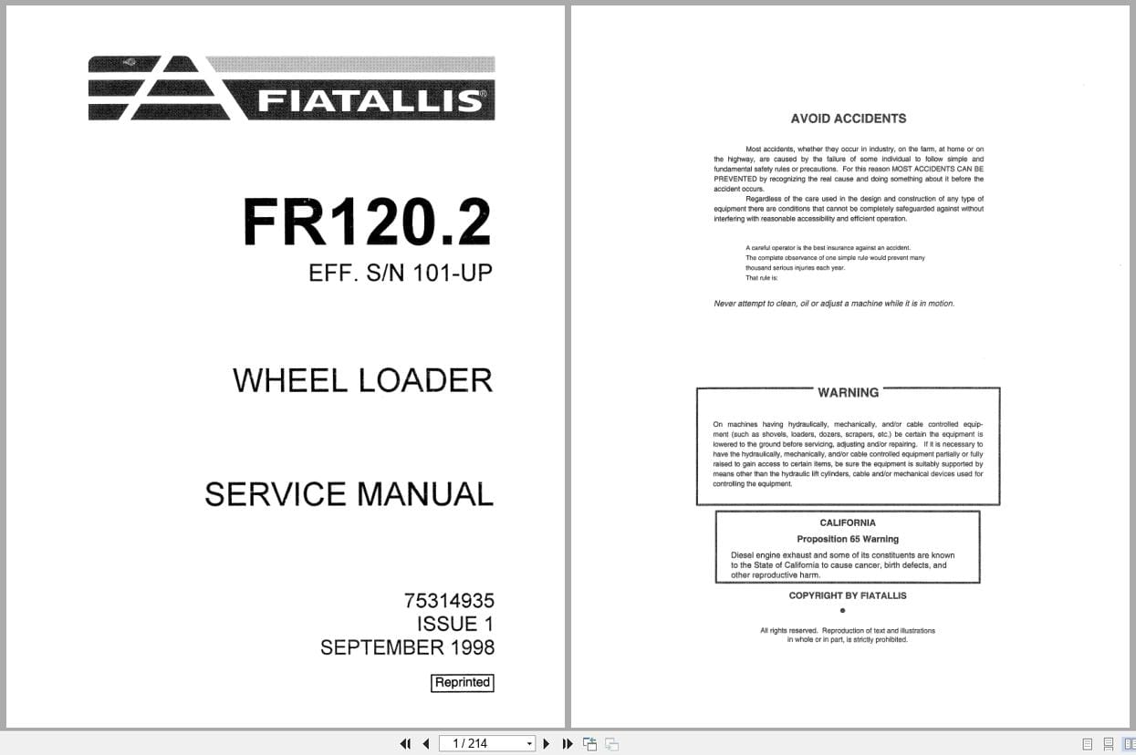 Fiat Allis Wheel Loader FR120.2 Service Manual 75314935 (1)