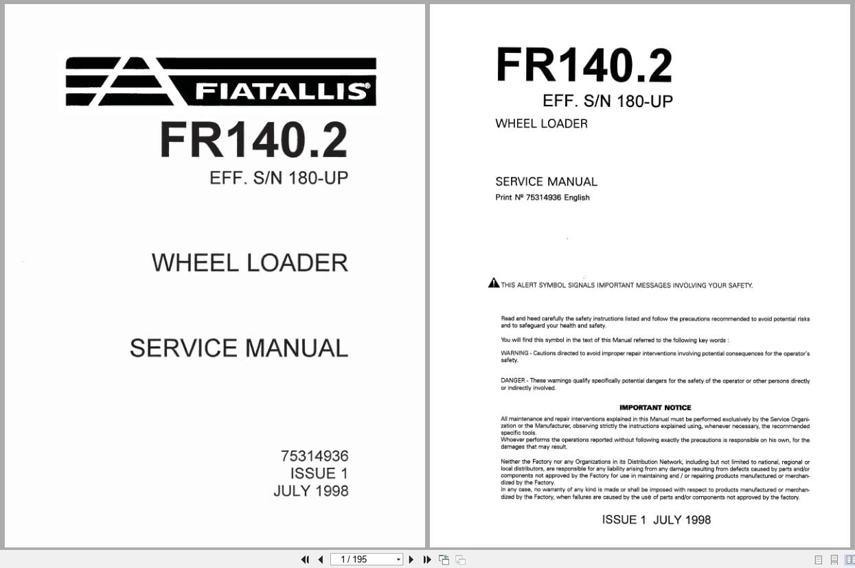 Fiat Allis Wheel Loader FR140.2 Service Manual 75314936 (1)