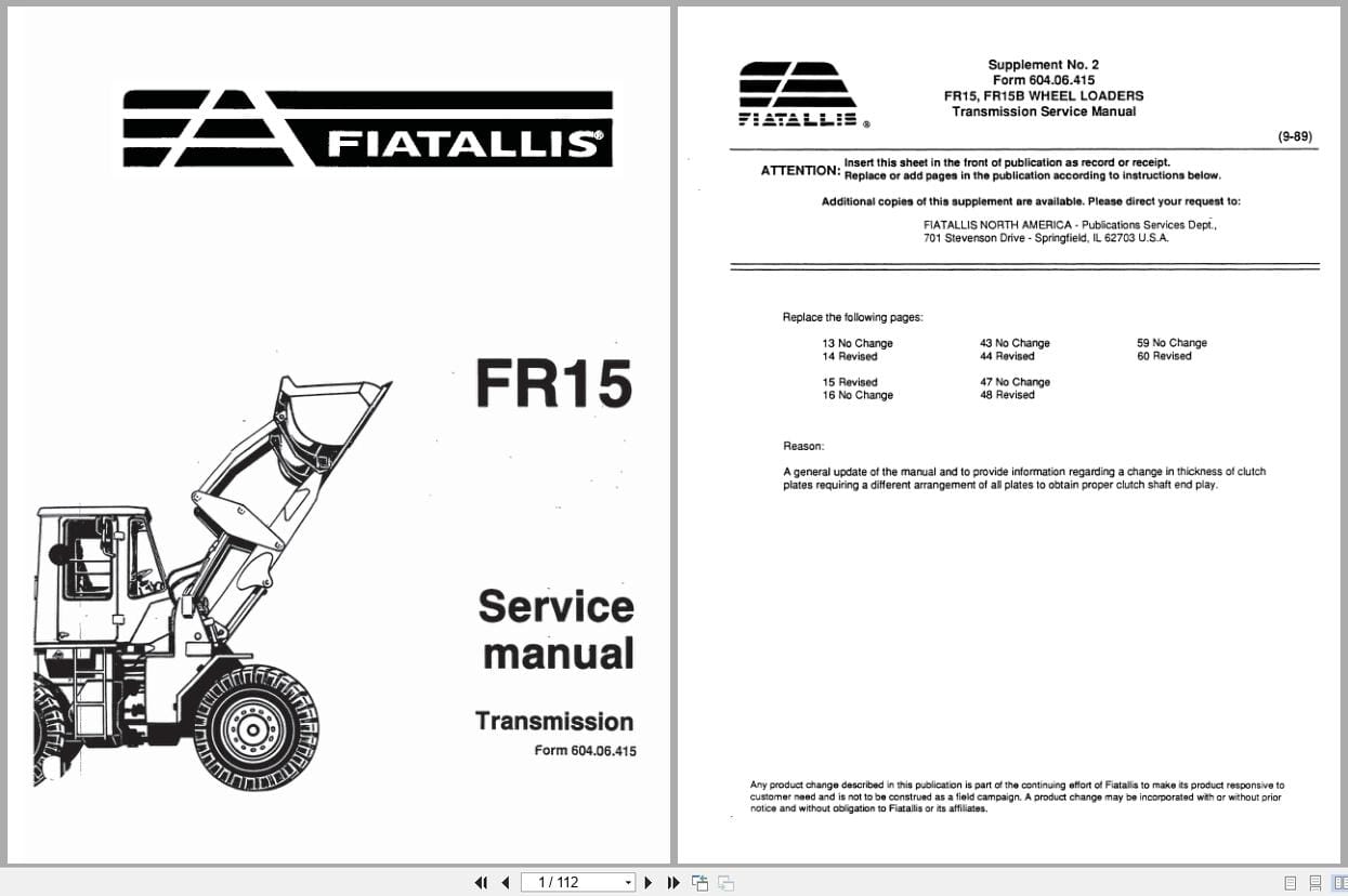 Fiat Allis Wheel Loader FR15 Transmission Service Manual 60406415 (1)